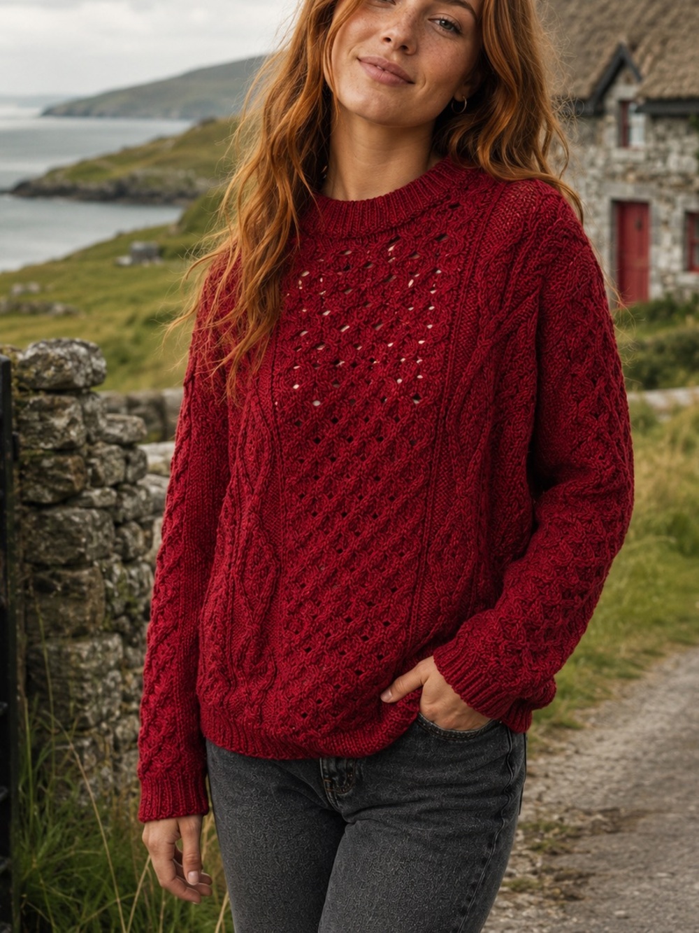 NWT Aran Sweater Market Cable Knit 100% Wool Irish Red Heritage Sweater Size M